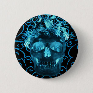Badge Rond 5 Cm Bouton du crâne à flammes bleues