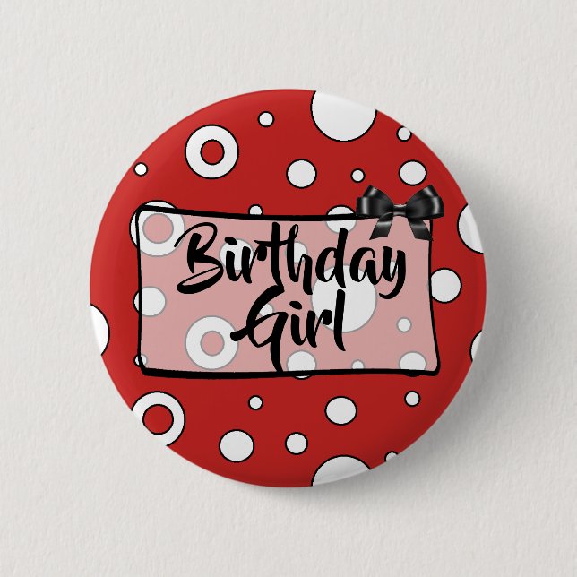 Badge Rond 5 Cm Bouton Fille Anniversaire Noir, blanc et Bow Rouge (Devant)