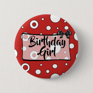 Badge Rond 5 Cm Bouton Fille Anniversaire Noir, blanc et Bow Rouge