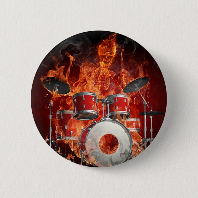 Badge Rond 5 Cm Bouton Flammer Squelette sur tambours (Devant)