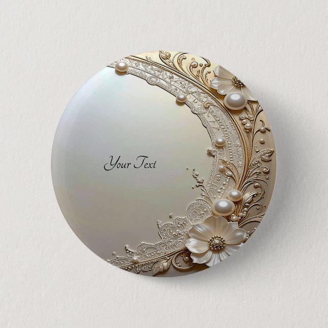 Badge Rond 5 Cm Bouton Fleurs Blanches Modernes Perles (Devant)