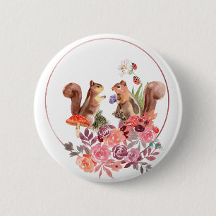 Badge Rond 5 Cm Bouton Fleurs et écureuils