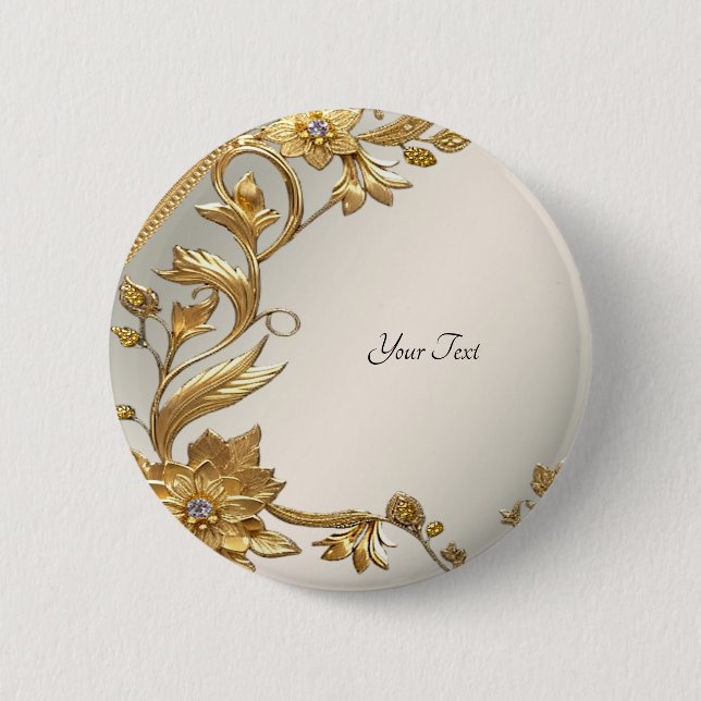 Badge Rond 5 Cm Bouton Floral Feuille Golden Wavy (Devant)