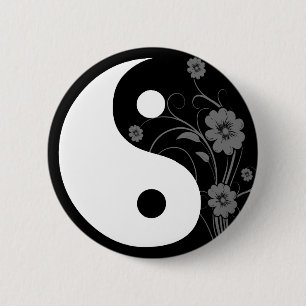Badge Rond 5 Cm Bouton floral noir Yin Yang