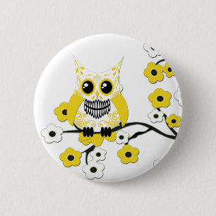 Badge Rond 5 Cm Bouton jaune de hibou de fleurs de cerisier