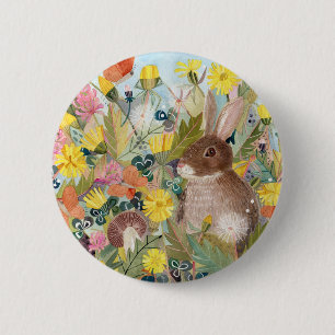 Badge Rond 5 Cm Bouton Lapin Brown et Dandelions