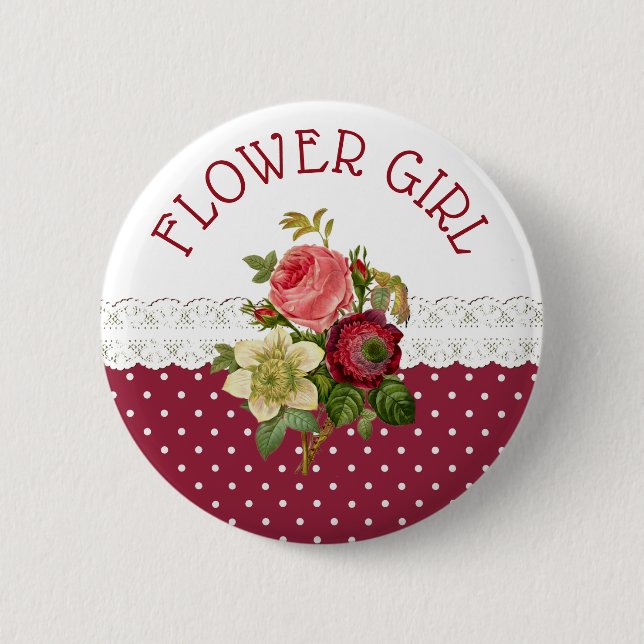 Badge Rond 5 Cm Bouton Mariage Rose FLEURS FILLES Bourgogne (Devant)