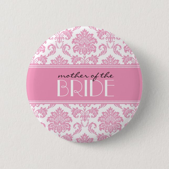 Badge Rond 5 Cm Bouton Mère de la mariée Damask en rose (Devant)