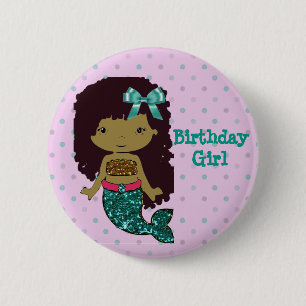 Badge Rond 5 Cm Bouton Mermaid Thème "Fille d'anniversaire"