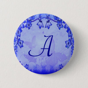 Badge Rond 5 Cm Bouton Monogramme bleu floral déco