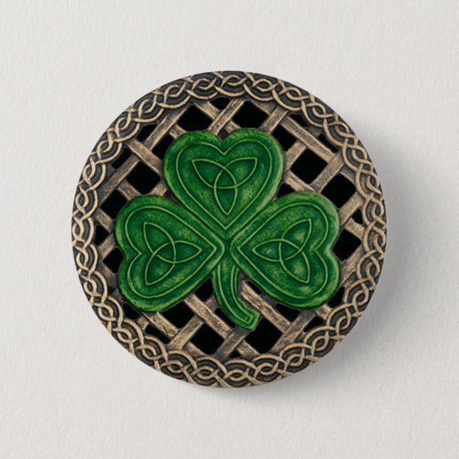 Badge Rond 5 Cm Bouton Noeud shamrock et celtique Noir (Devant)