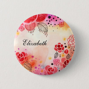 Badge Rond 5 Cm Bouton Nom personnalisé Blooms rouges