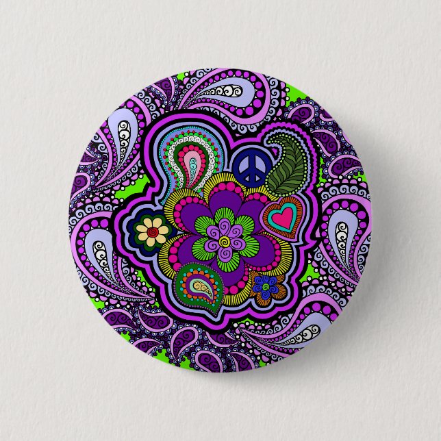 Badge Rond 5 Cm Bouton Paisley Purple Psychédélique (Devant)