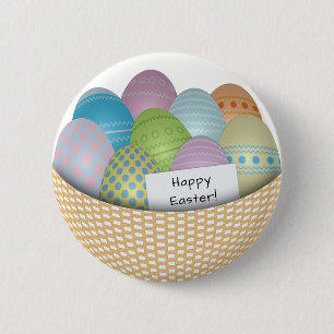 Badge Rond 5 Cm Bouton Panier de Pâques avec Œufs Colorés