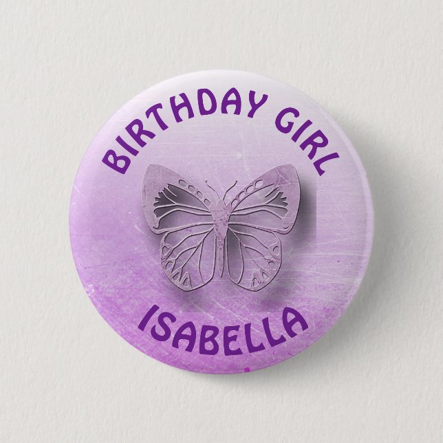 Badge Rond 5 Cm Bouton papillon d'anniversaire personnalisé violet (Devant)