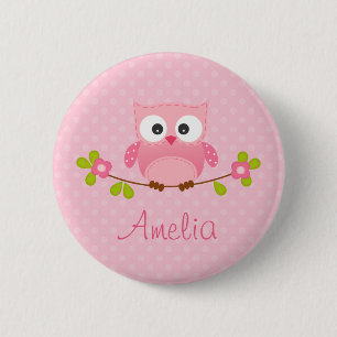 Badge Rond 5 Cm Bouton personnalisé par hibou rose (mignon)