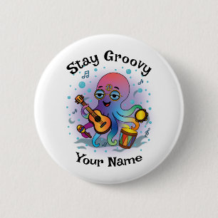 Badge Rond 5 Cm Bouton personnalisé Pieuvre Rétro Nom & Texte