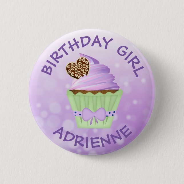 Badge Rond 5 Cm Bouton Personnalisé Purple Cupcake Fille d'anniver (Devant)