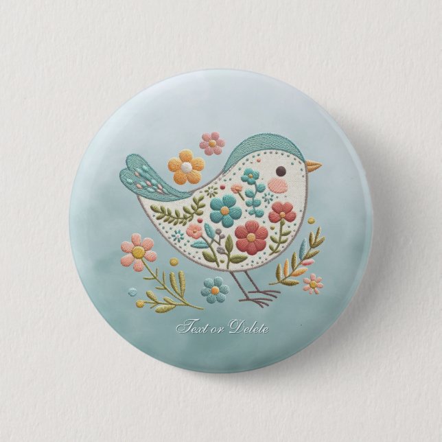 Badge Rond 5 Cm Bouton Petite Oiseau bleu rose Fleurs (Devant)
