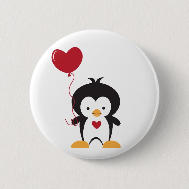 Badge Rond 5 Cm Bouton Pingouin mignon et ballon coeur (Devant)