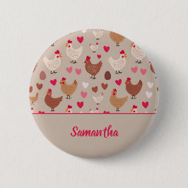 Badge Rond 5 Cm Bouton Poulet et Coeurs