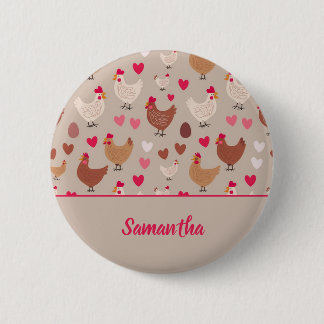 Badge Rond 5 Cm Bouton Poulet et Coeurs