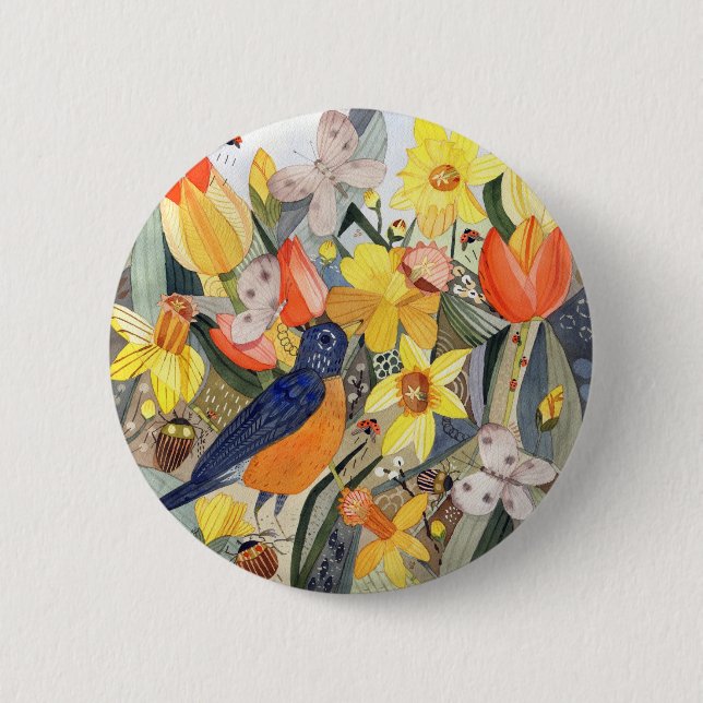 Badge Rond 5 Cm Bouton Robin et Daffodiques (Devant)