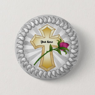 Badge Rond 5 Cm Bouton rose Christian Cross