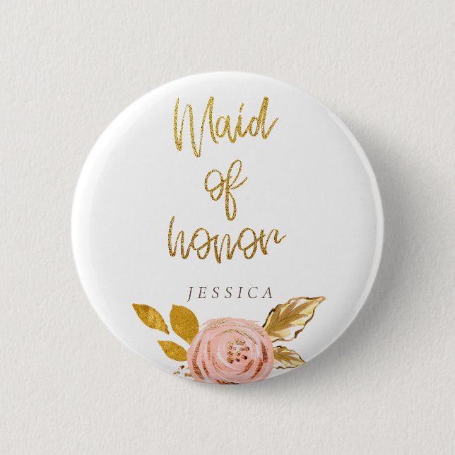 Badge Rond 5 Cm Bouton rose or Parties scintillant florale servant (Devant)
