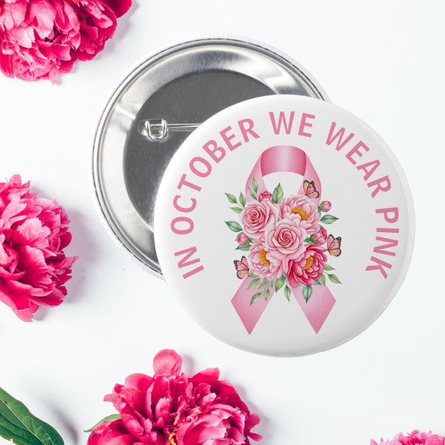 Badge Rond 5 Cm Bouton rose Ruban de sensibilisation au cancer du  (In October We Wear Pink Floral Ribbon Button)