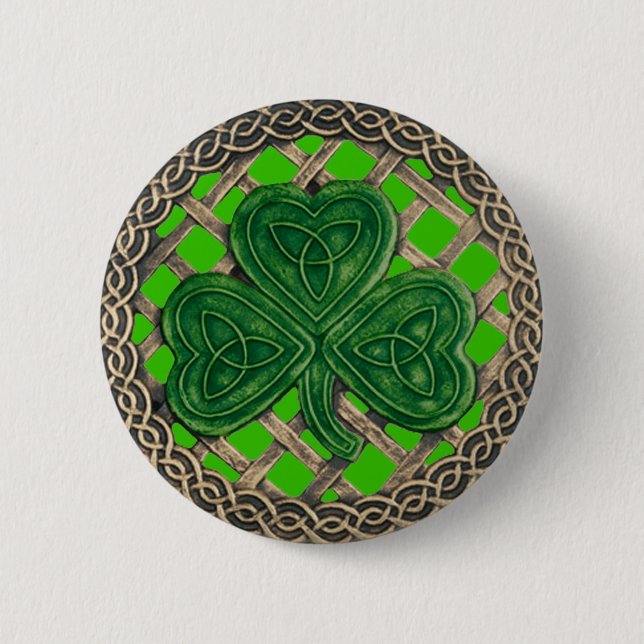 Badge Rond 5 Cm Bouton shamrock Et Noeuds Celtiques Vert (Devant)
