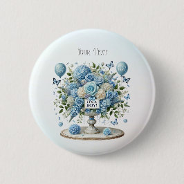 Badge Rond 5 Cm Bouton Vase Floral Blanc Bleu