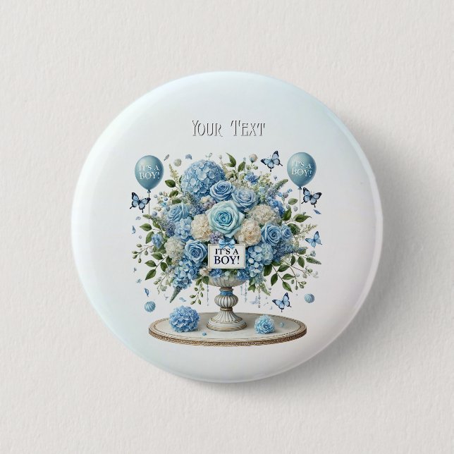 Badge Rond 5 Cm Bouton Vase Floral Blanc Bleu (Devant)