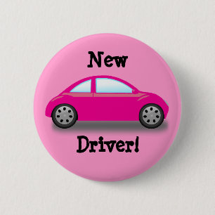 Badge Rond 5 Cm Bouton Voiture Rose Nouveau Conducteur