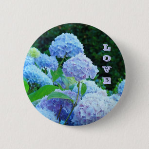 Badge Rond 5 Cm boutons AMOUR Fleurs d'Hydrangea Bleu Jardin