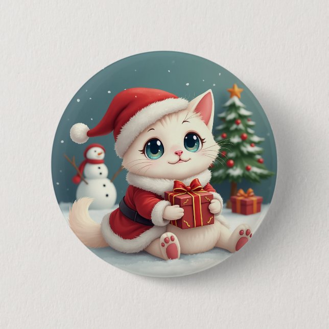 Badge Rond 5 Cm Boutons blancs de chat de Noël (Devant)