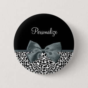 Badge Rond 5 Cm Bow gris Empreinte de léopard sophistiqué avec nom