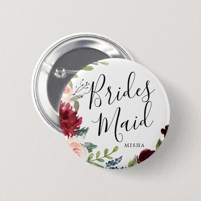 Badge Rond 5 Cm Bridesmaiers Burgundy Bouquet Nom personnalisé Mar (Devant & derrière)