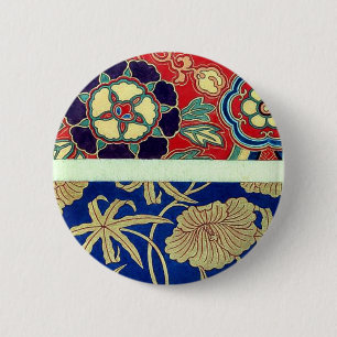 Badge Rond 5 Cm Brocard chinois avec l'arrière - plan rouge