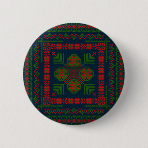 Badge Rond 5 Cm Broderie palestinienne Tatreez rouge vert 5 Motif