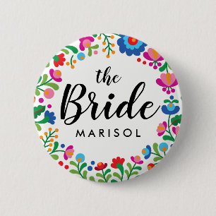 Badge Rond 5 Cm Brodeuse Mexicaine Nom de la Mariée