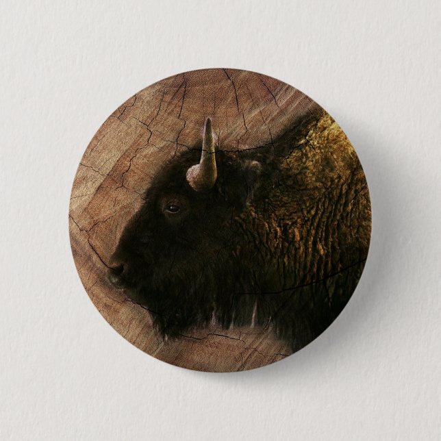 Badge Rond 5 Cm Buffalo de bison de bois (Devant)