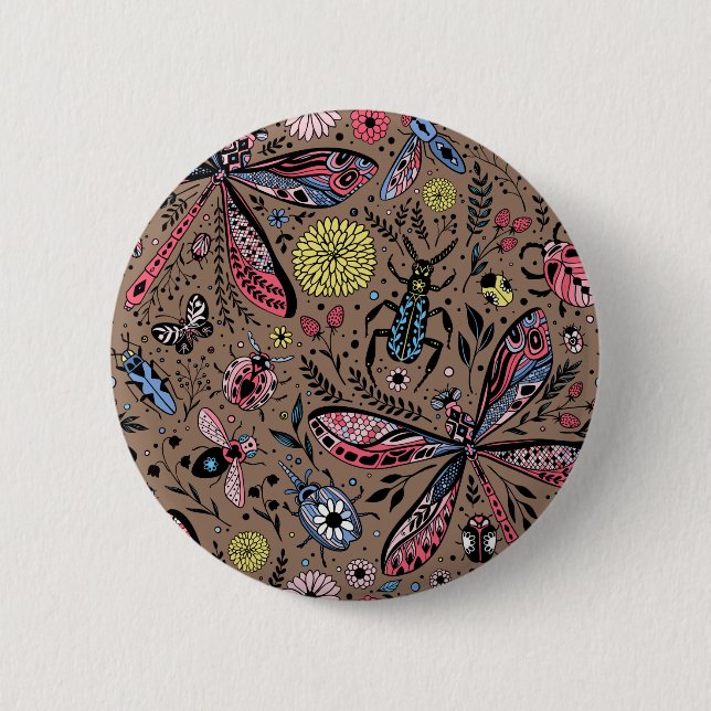 Badge Rond 5 Cm Bugs de Doodle sur mocha brown (Devant)