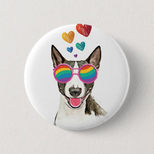 Badge Rond 5 Cm Bull Terrier Chien avec Coeurs Saint-Valentin