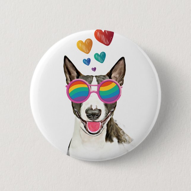 Badge Rond 5 Cm Bull Terrier Chien avec Coeurs Saint-Valentin (Devant)