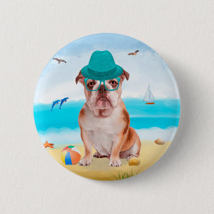 Badge Rond 5 Cm Bulldog anglais sur la plage