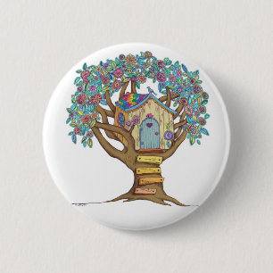 Badge Rond 5 Cm Cabane dans un arbre illustrée mignonne et