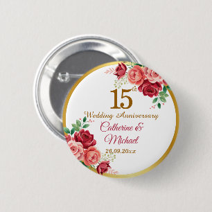 Badge Rond 5 Cm Cadre floral doré pour 15e anniversaire de mariage