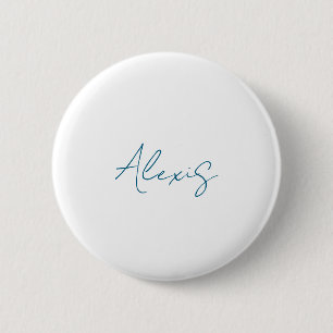 Badge Rond 5 Cm Calligraphie de nom Script Plain Simple Blanc Bleu