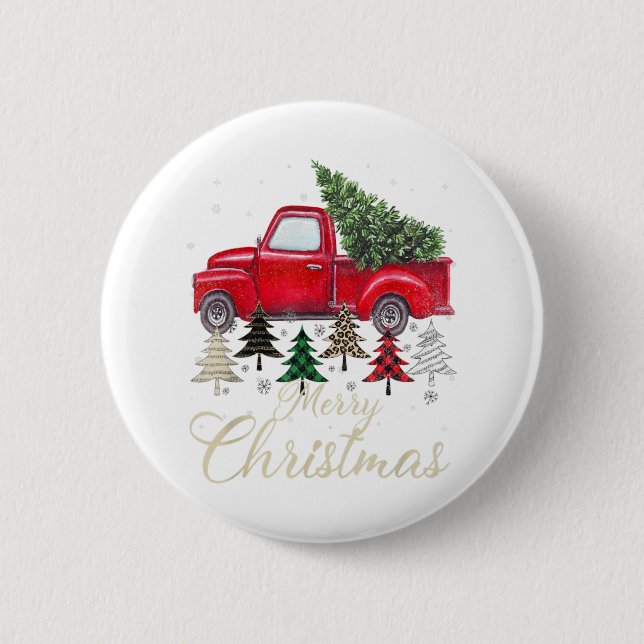 Badge Rond 5 Cm Camion Rouge Avec Buffalo Plaid Et Léopard Noël (Devant)